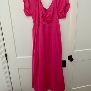 ARULA Fuchsia Midi Dress with Puff Sleeves